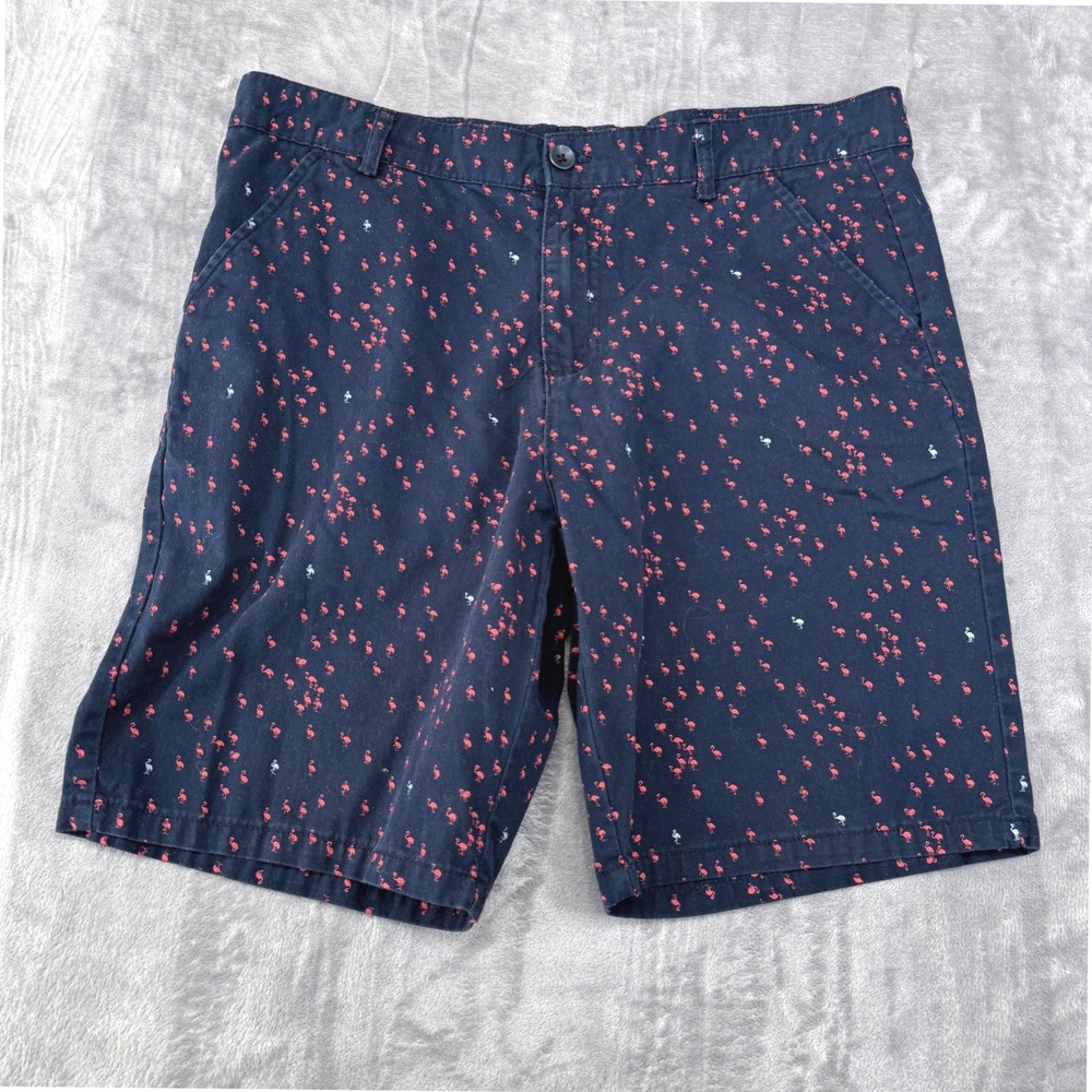 Public Record Chino Shorts Men Size 34 Navy Blue Pink Flamingo Print Regular Fit